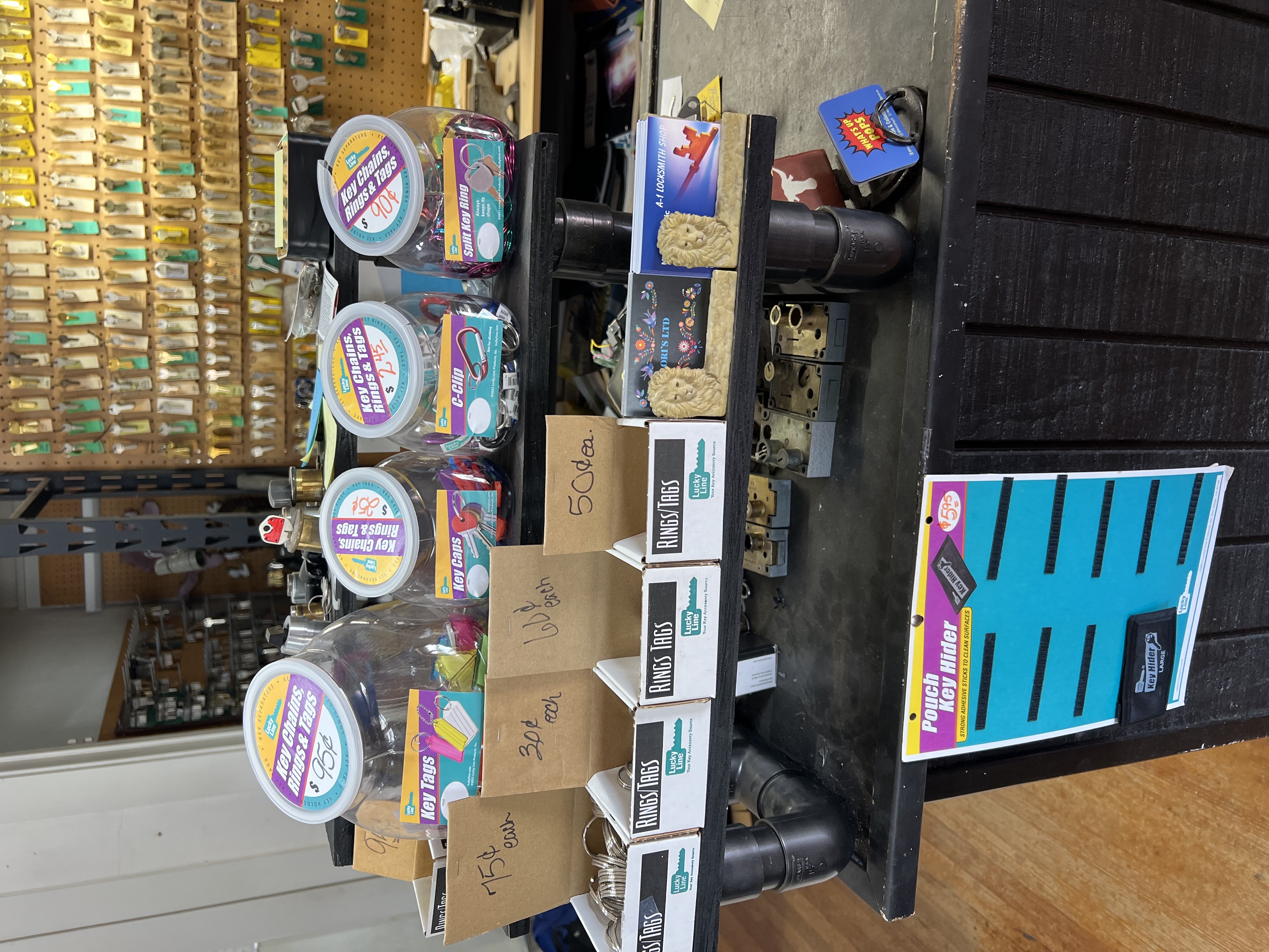 A-1 Locksmith Shop front desk and key accessories display — commercial hardware in Brownwood TX